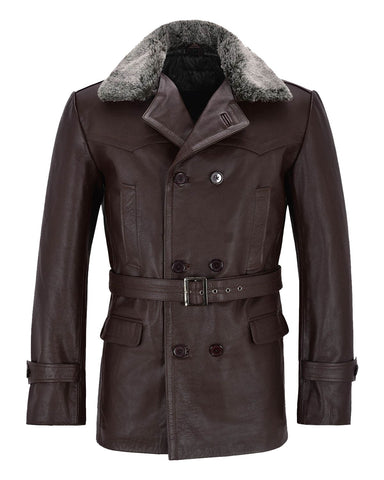 Glowrexs Men's German Real Leather Brown Peacoat Fur Collar