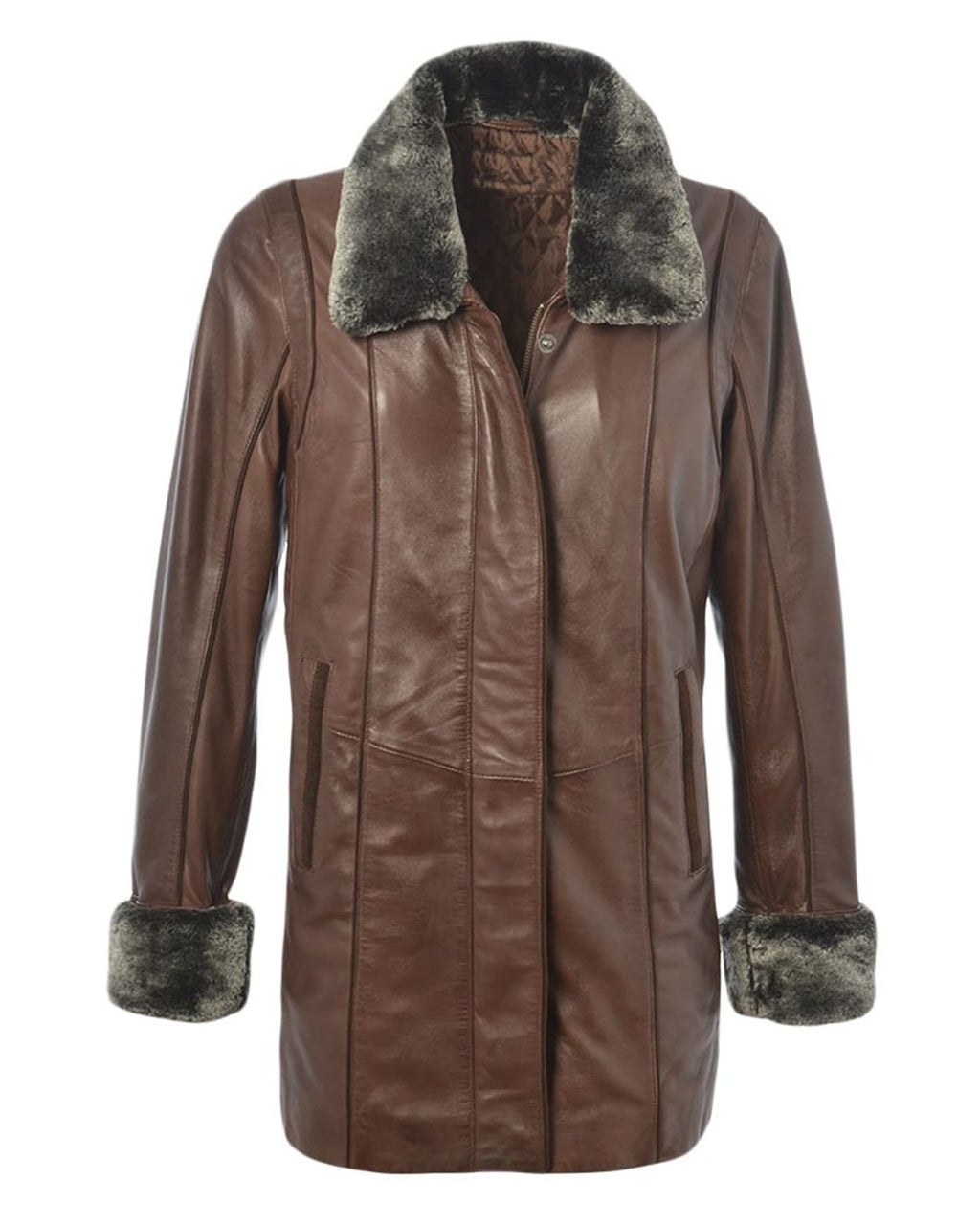 Glowrexs Women's Fur Collar Real Leather Coat