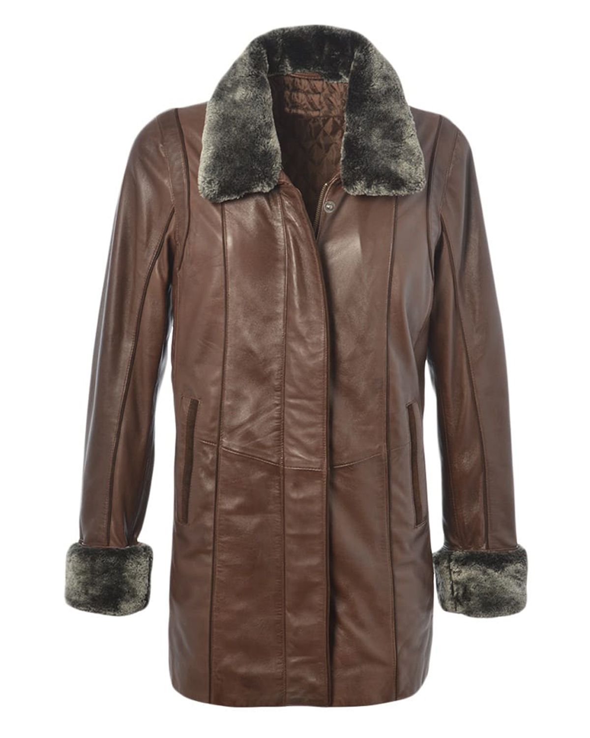 Glowrexs Women's Fur Collar Real Leather Coat