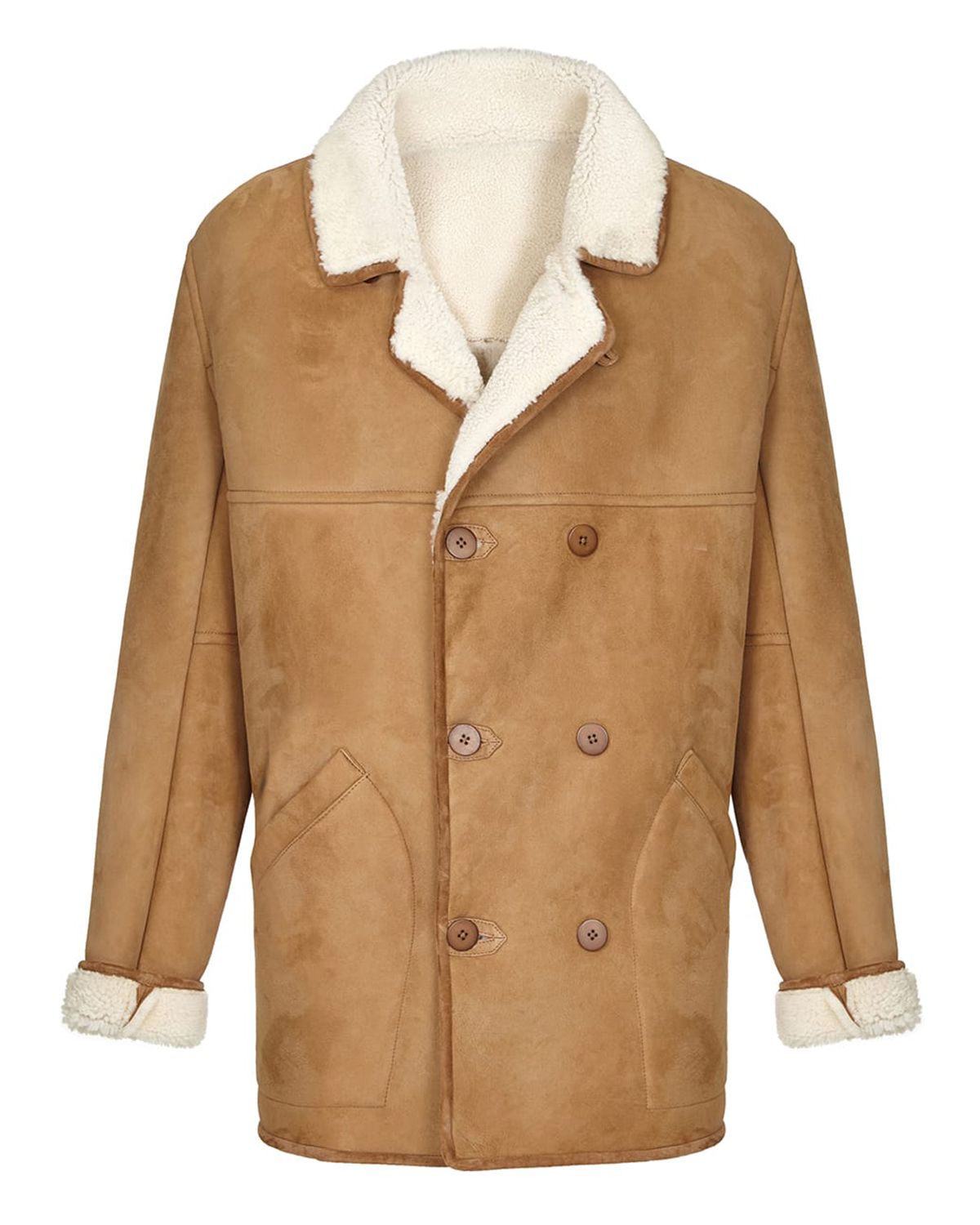 Glowrexs Men's Camel Brown Fur Shearling Real Leather Duffle Coat
