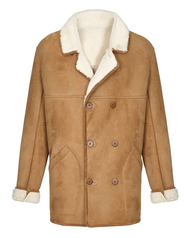Glowrexs Men's Camel Brown Fur Shearling Real Leather Duffle Coat