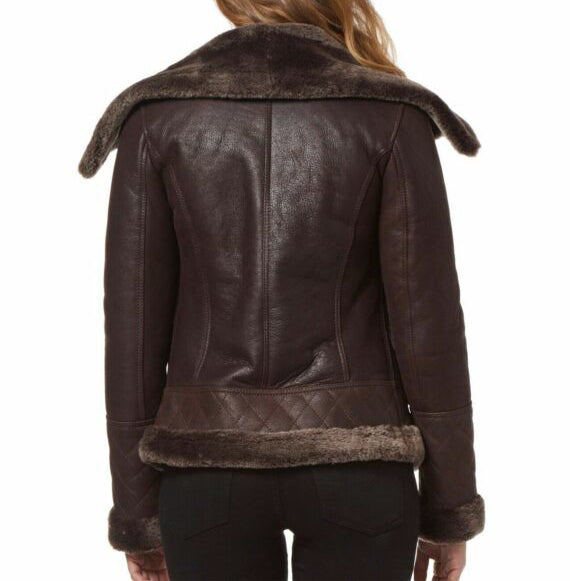 Glowrexs Women's Fur Shearling Stylish Brown Biker Jacket