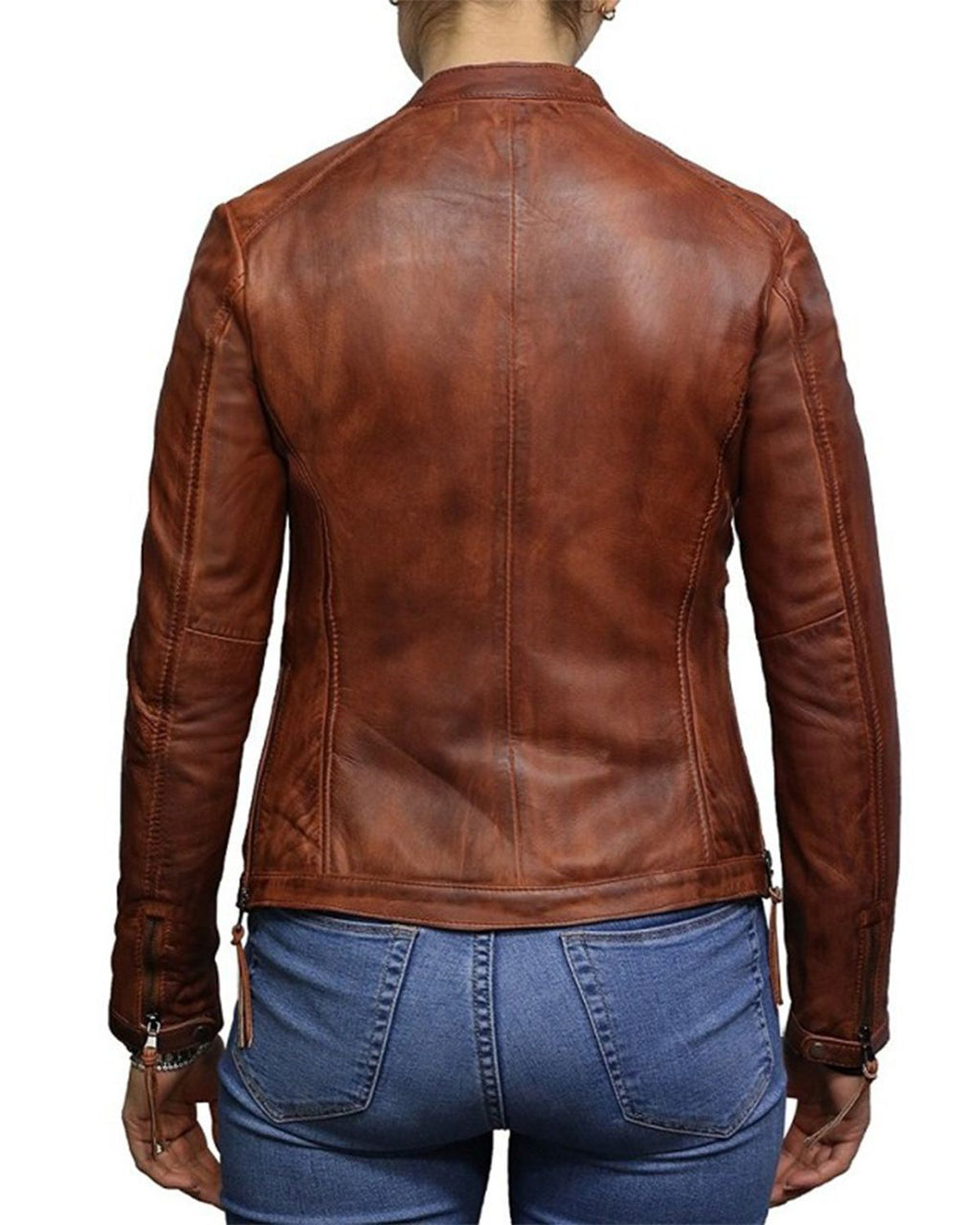 Glowrexs Women's Waxed Brown Biker Real Sheepskin Leather Jacket