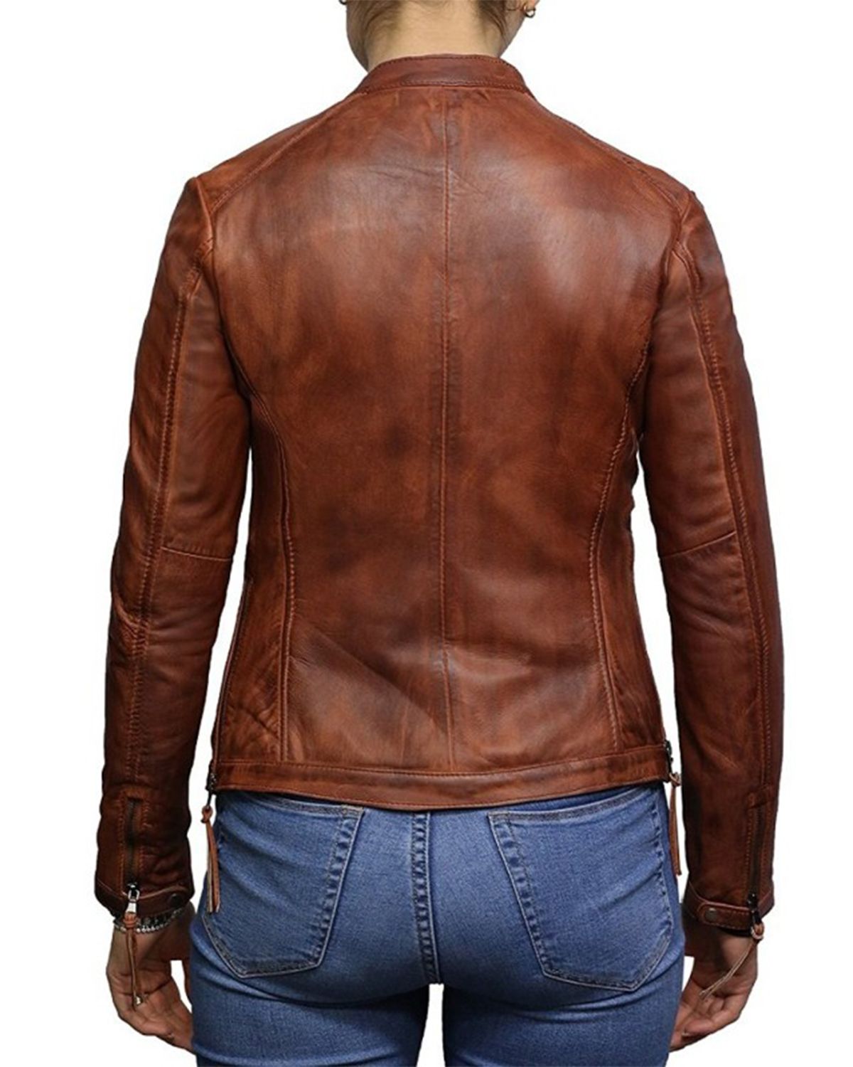 Glowrexs Women's Waxed Brown Biker Real Sheepskin Leather Jacket