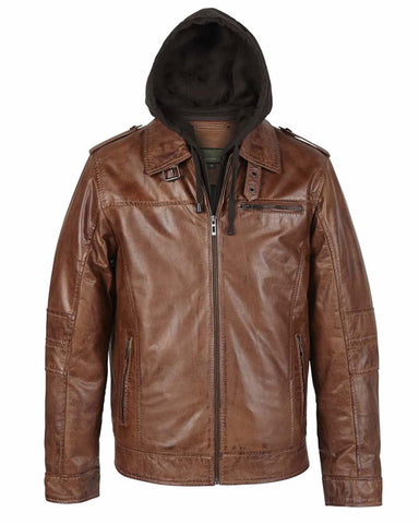 Glowrexs Mens Rust Hooded Brown Leather Jacket