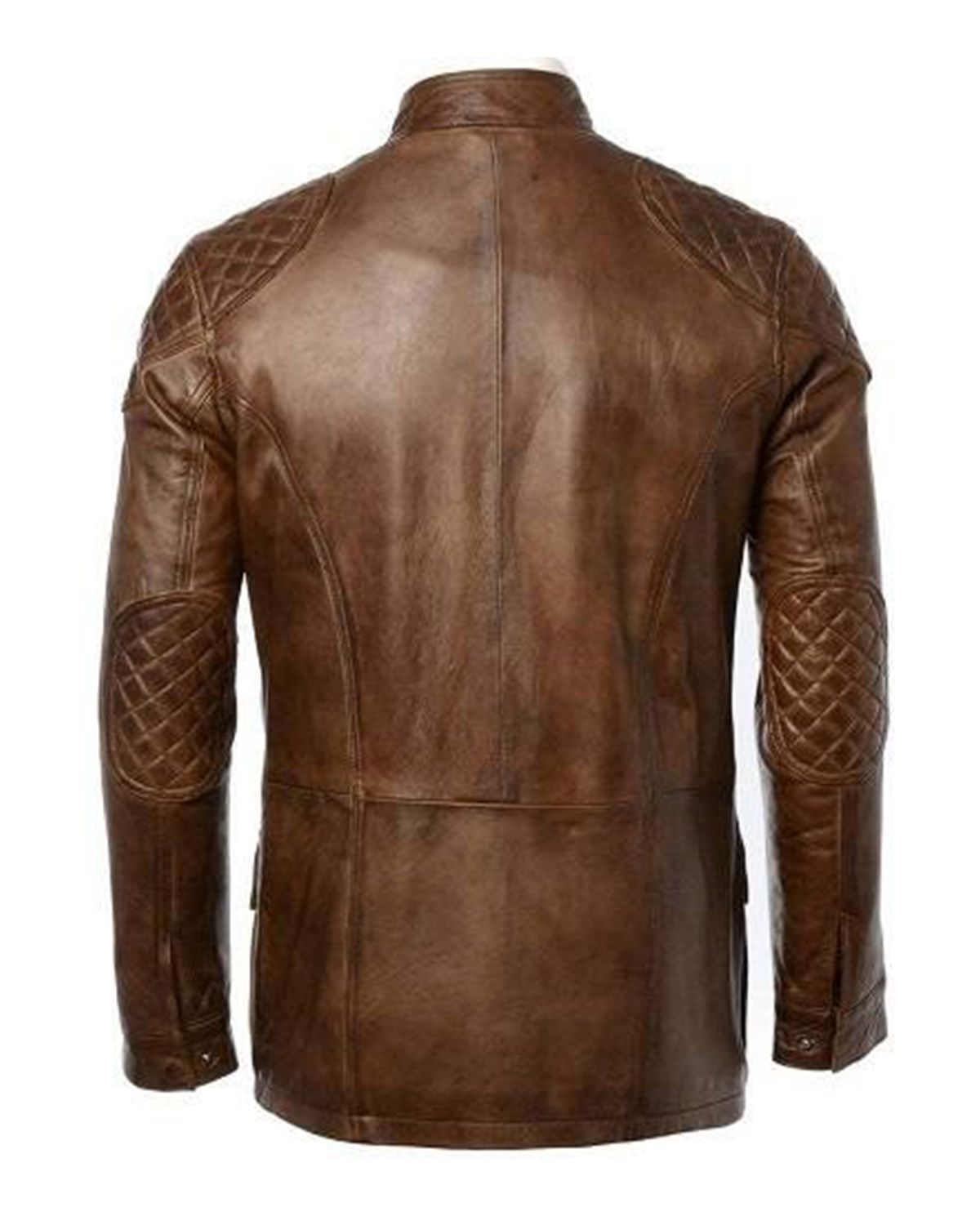 Glowrexs Men's Four Pocket Cafe Racer Long Hip Length Leather Jacket