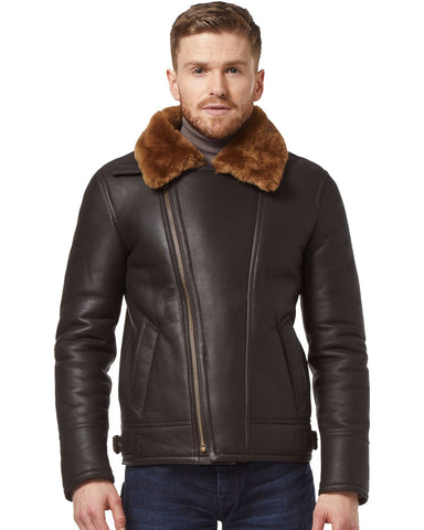 Glowrexs Men's Brown Ginger Aviator Bomber Cross Zipper Leather Jacket