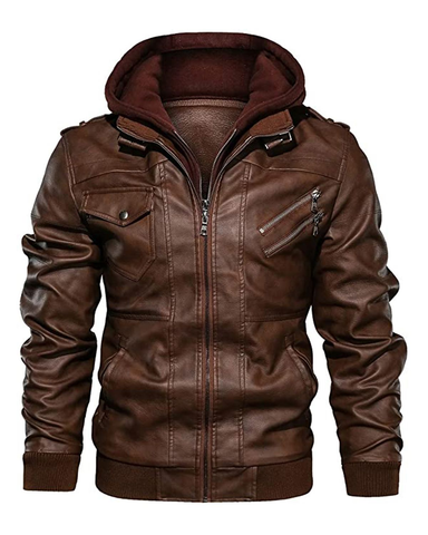 Glowrexs Men's Detachable Hooded Biker Motorcycle Leather Jacket