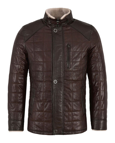 Glowrexs Men's Faux Shearling Quilted Brown Bomber Leather Jacket