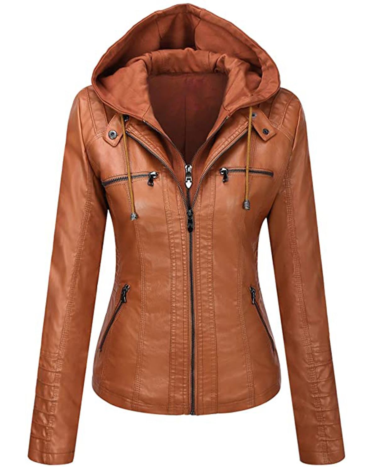 Glowrexs Women's Removable Hood Slim Fit Biker Real Leather Jacket