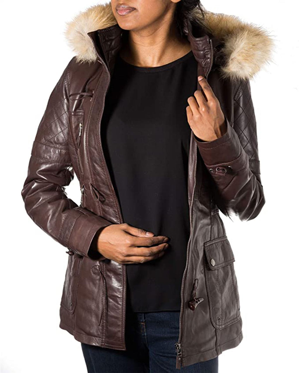 Glowrexs Women's Detachable Hooded Fur Collar Duffle Coat