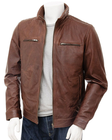 Glowrexs Men's Brown High Funnel Neck Collar Biker Real Leather Jacket