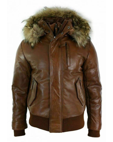 Glowrexs Men's Puffer Hooded Bomber Leather Jacket