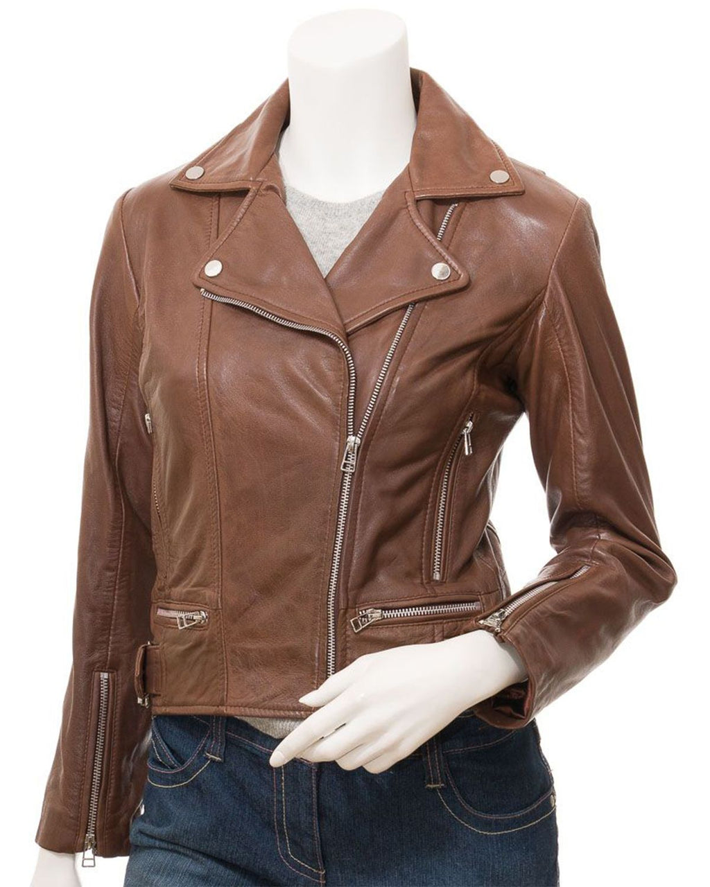 Glowrexs Womens Cross Zip Brown Biker Genuine Sheepskin Leather Jacket
