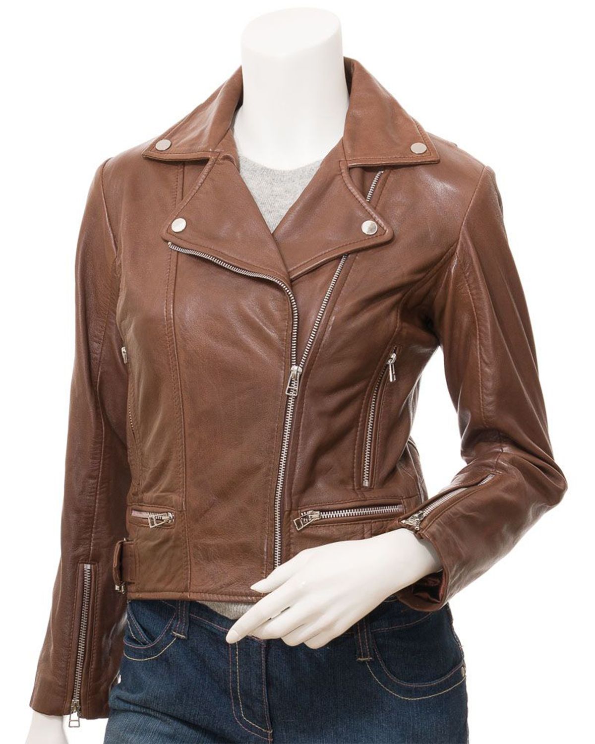 Glowrexs Womens Cross Zip Brown Biker Genuine Sheepskin Leather Jacket