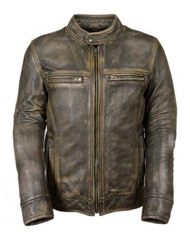 Glowrexs Mens Brown Cafe Racer Distressed Leather Jacket