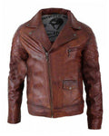 Glowrexs Brando Vintage Biker Cafe Racer Washed Distressed Brown Leather Jacket