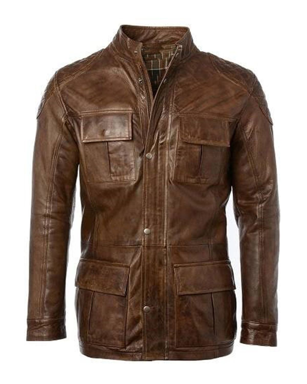 Glowrexs Men's Four Pocket Cafe Racer Long Hip Length Leather Jacket