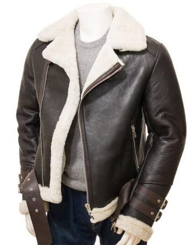 Glowrexs Men's Cross Zip Aviator Faux Shearling Real Leather Jacket