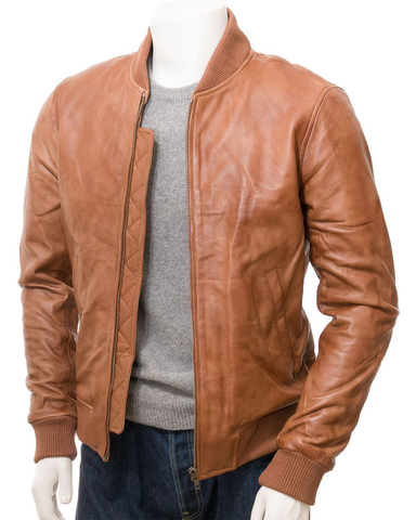 Glowrexs Men's Ribbed Cuffs Tan Brown Bomber Real Leather Jacket