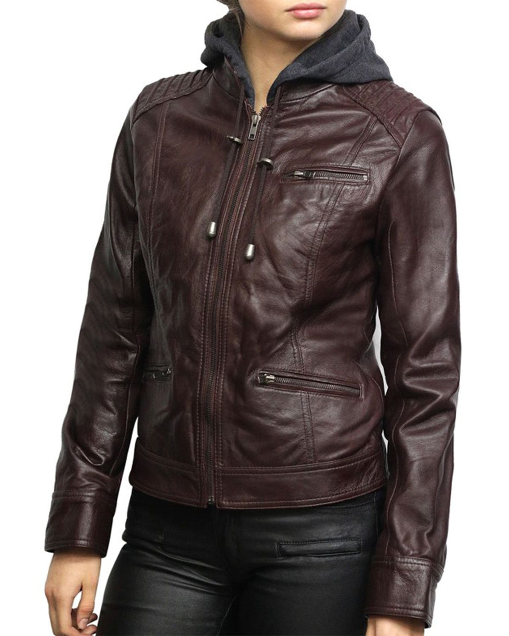 Glowrexs Women's Short Hooded Leather Biker Jacket