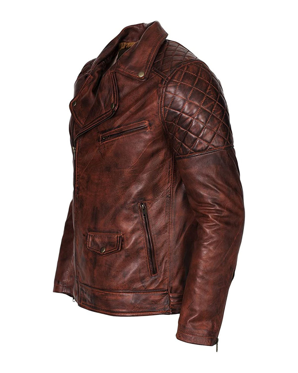 Glowrexs Men's Distressed Brown Brando Biker Genuine Sheepskin Leather Jacket