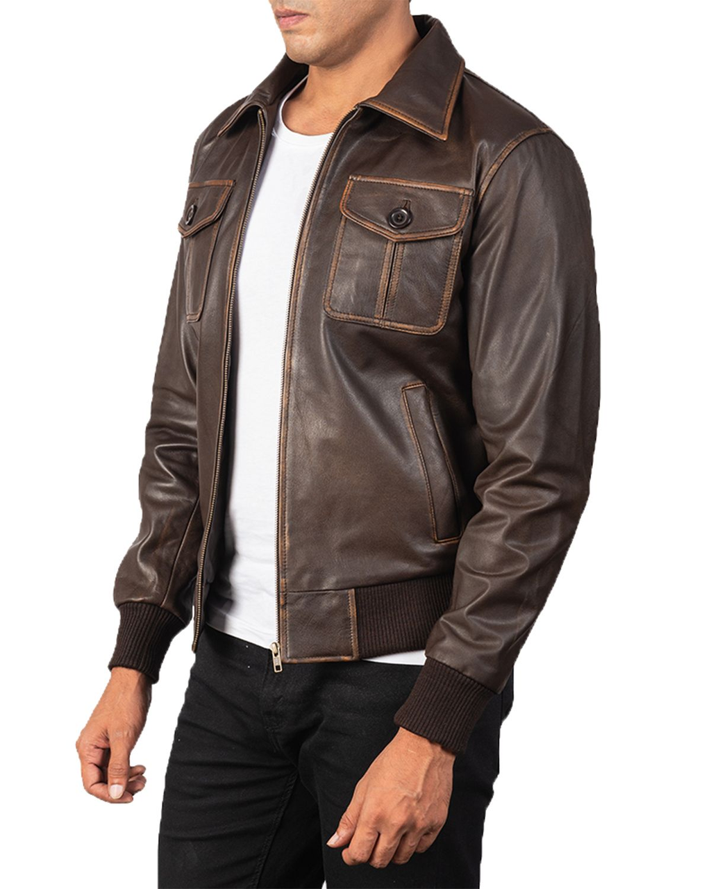Glowrexs Men's Four Pockets Brown Bomber Leather Jacket