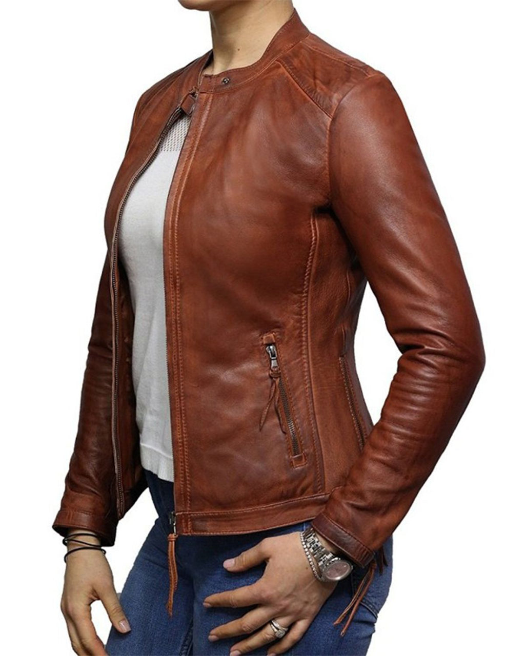 Glowrexs Women's Waxed Brown Biker Real Sheepskin Leather Jacket