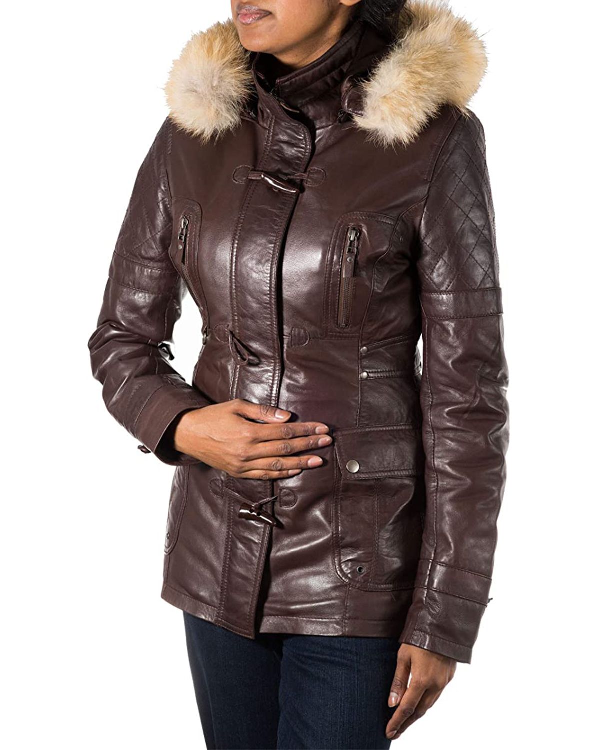 Glowrexs Women's Detachable Hooded Fur Collar Duffle Coat