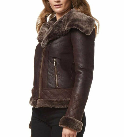 Glowrexs Women's Fur Shearling Stylish Brown Biker Jacket