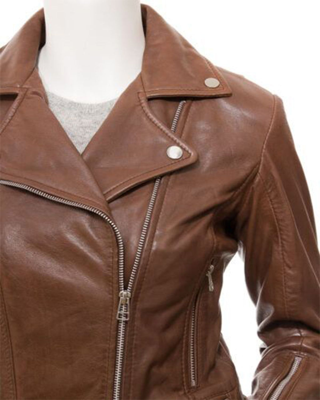 Glowrexs Womens Cross Zip Brown Biker Genuine Sheepskin Leather Jacket
