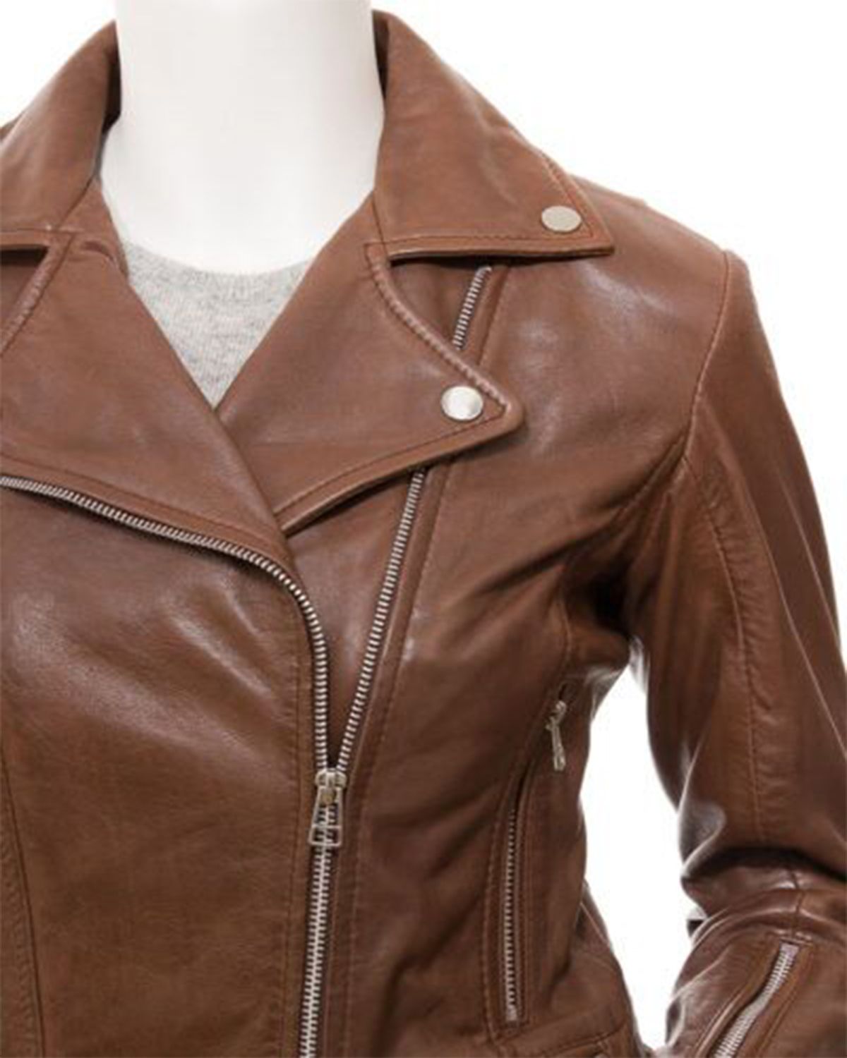 Glowrexs Womens Cross Zip Brown Biker Genuine Sheepskin Leather Jacket