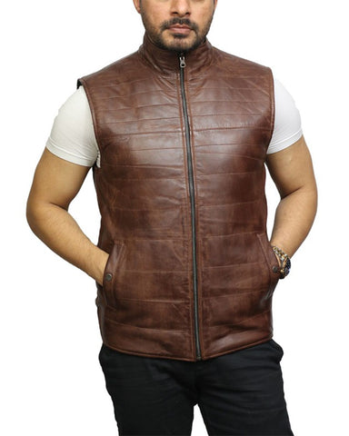 Glowrexs Men's Brown Leather Double-Sided Padded Vest