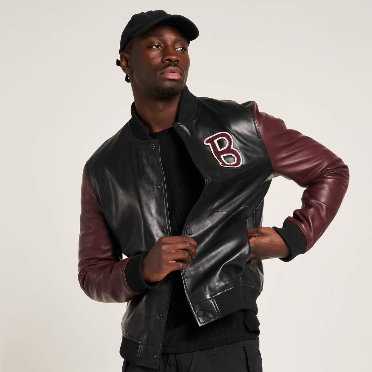 Black and Maroon Men’s Real Leather Varsity Jacket