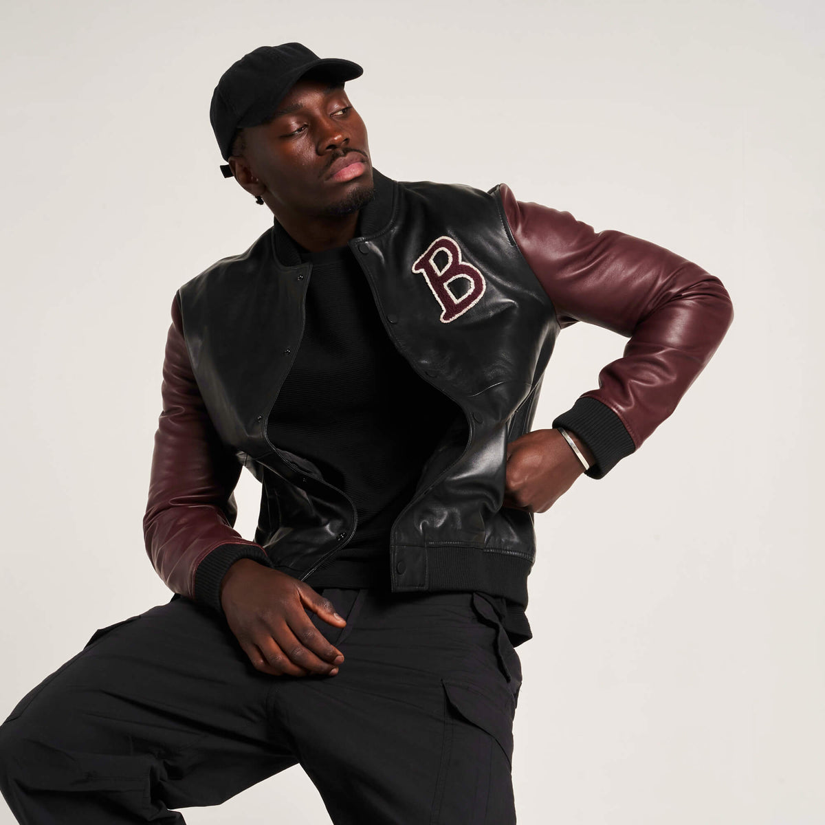 Black and Maroon Men’s Real Leather Varsity Jacket