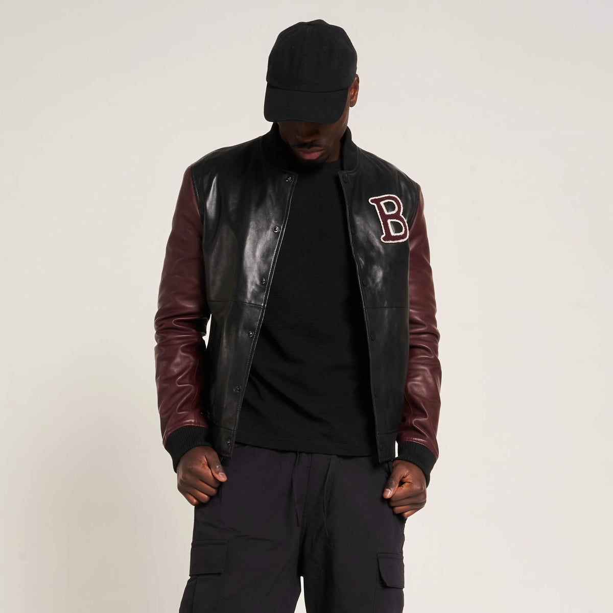 Black and Maroon Men’s Real Leather Varsity Jacket