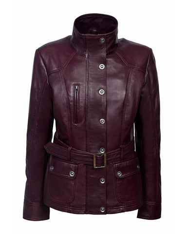 Glowrexs Military Style Cherry plum Slim Fit Leather Jacket