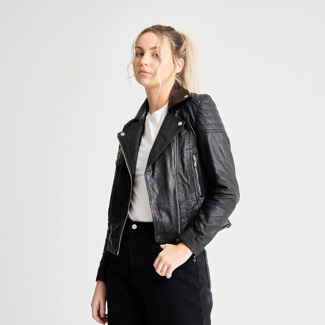 Glexo Women’s Real Leather Jacket with Ribbed Shoulders