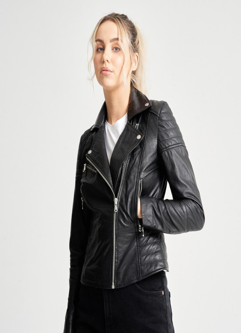 Glexo Women’s Real Leather Jacket with Ribbed Shoulders