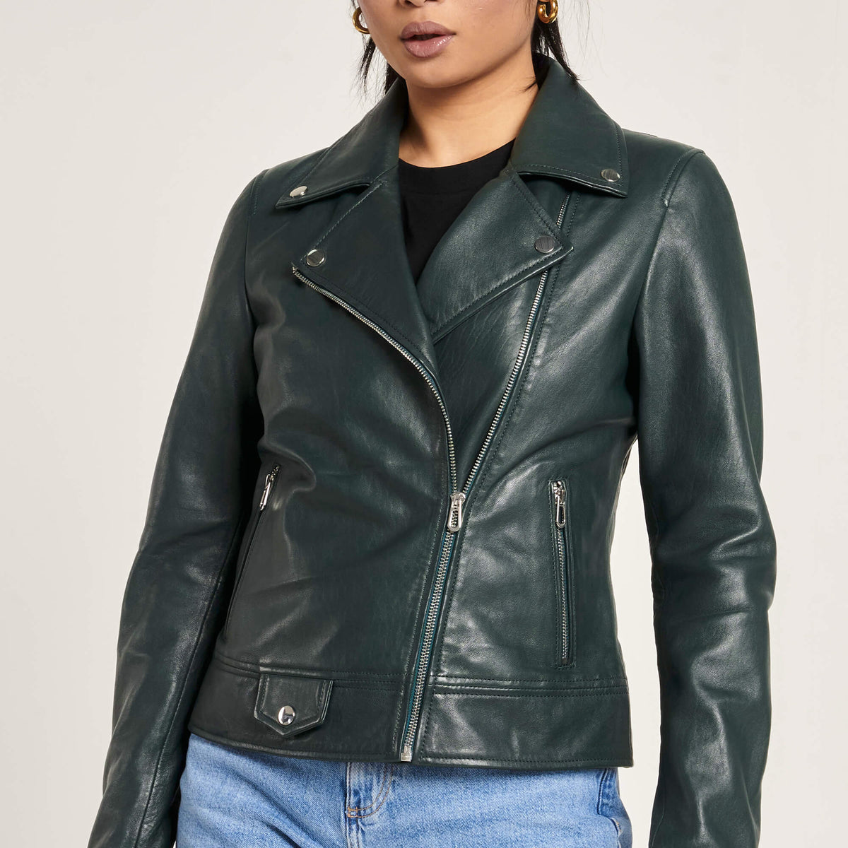 Glexo Women’s Racing Green Leather Biker Jacket