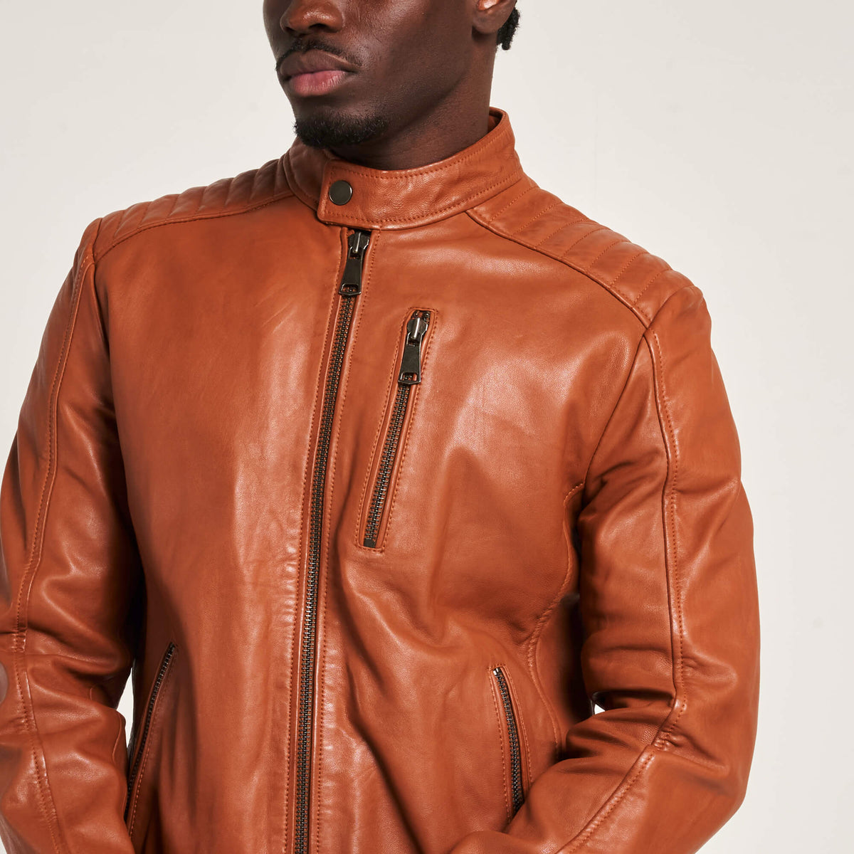 Men’s Tan Chrome-Free Leather Racer Jacket