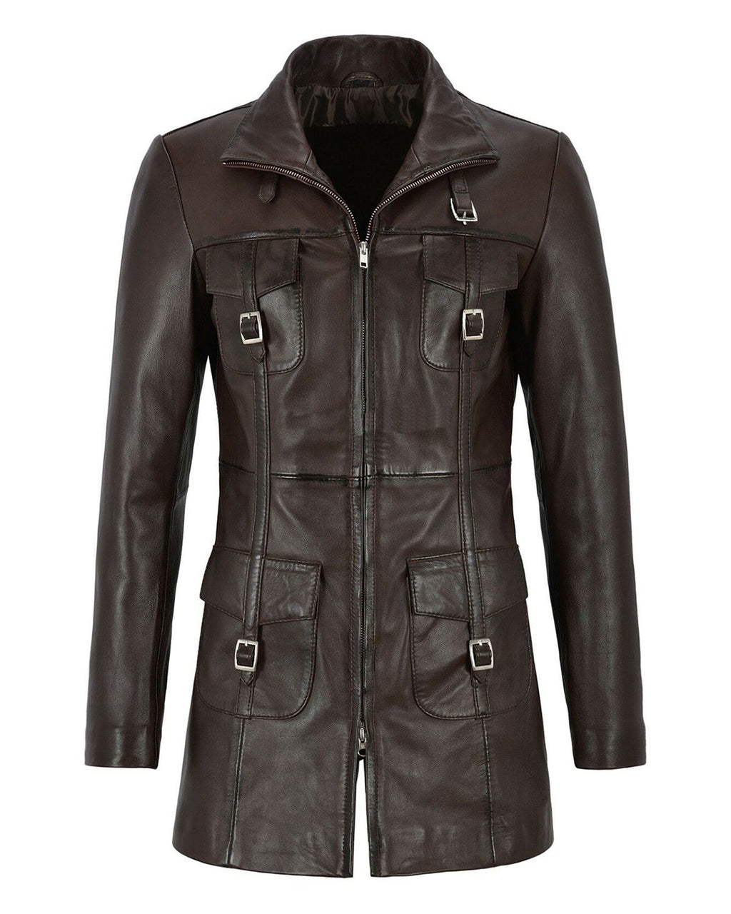Glowrexs Women's Gothic Style Mid Length Real Sheepskin Leather Coat