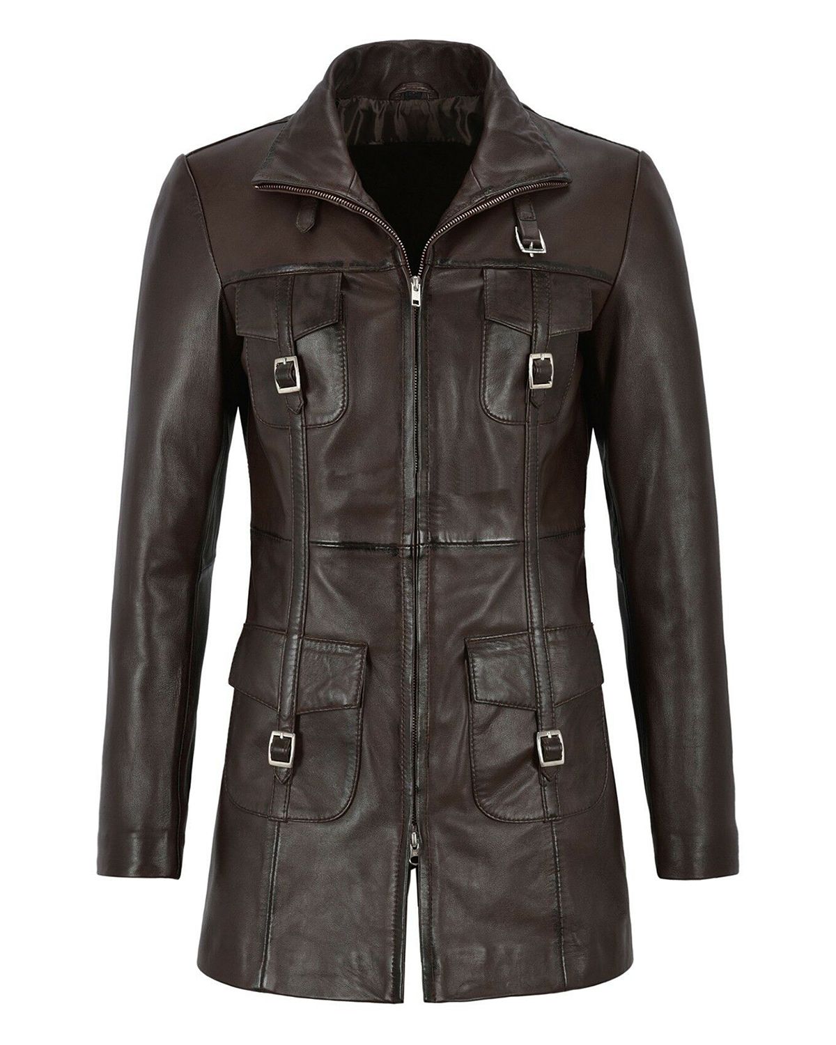 Glowrexs Women's Gothic Style Mid Length Real Sheepskin Leather Coat