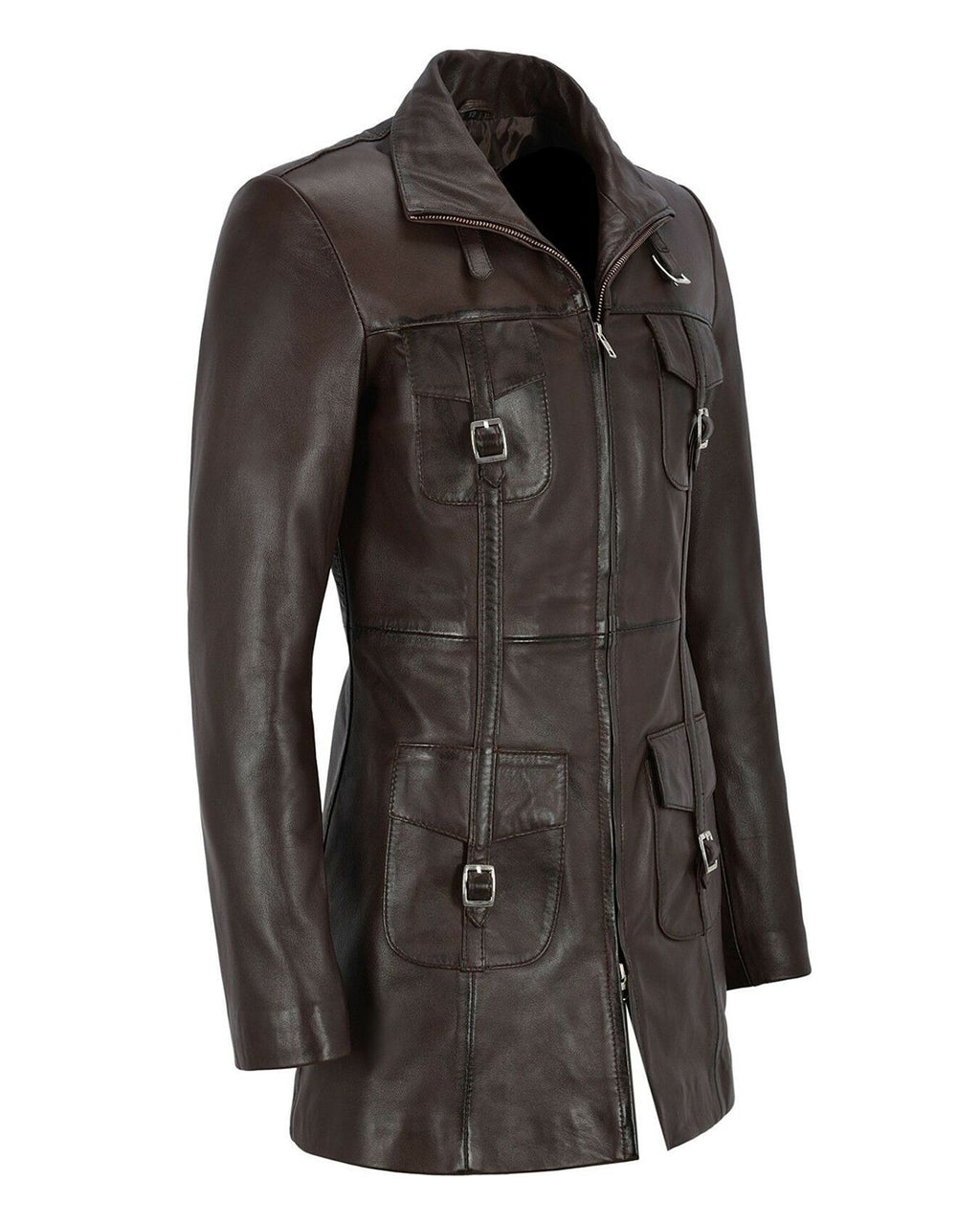 Glowrexs Women's Gothic Style Mid Length Real Sheepskin Leather Coat