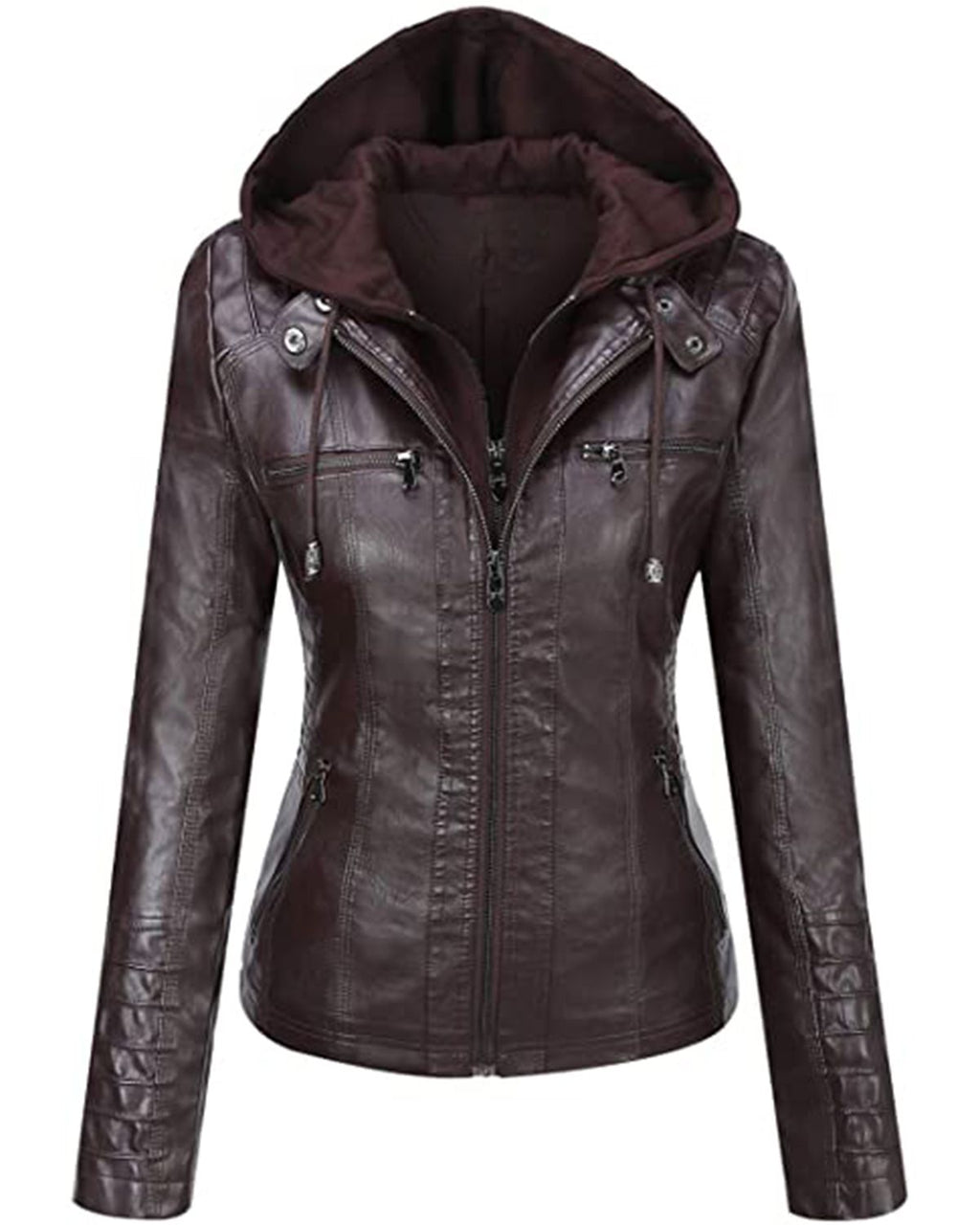 Glowrexs Women's Removable Hood Slim Fit Biker Real Leather Jacket