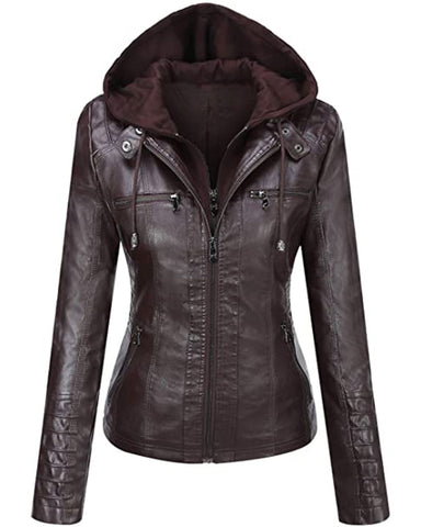 Glowrexs Women's Removable Hood Slim Fit Biker Real Leather Jacket