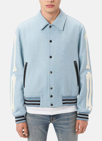 Mens Baby Blue Bone Design Varsity Jacket