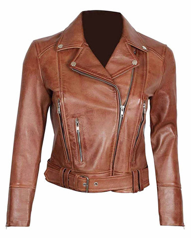 Glowrexs Argaret Brown Leather Asymmetrical Women's Slim Fit Biker Jacket