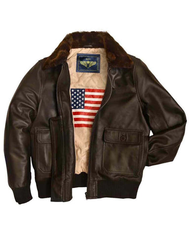 Glowrexs Mens G-1 US Navy Brown Bomber leather Jacket