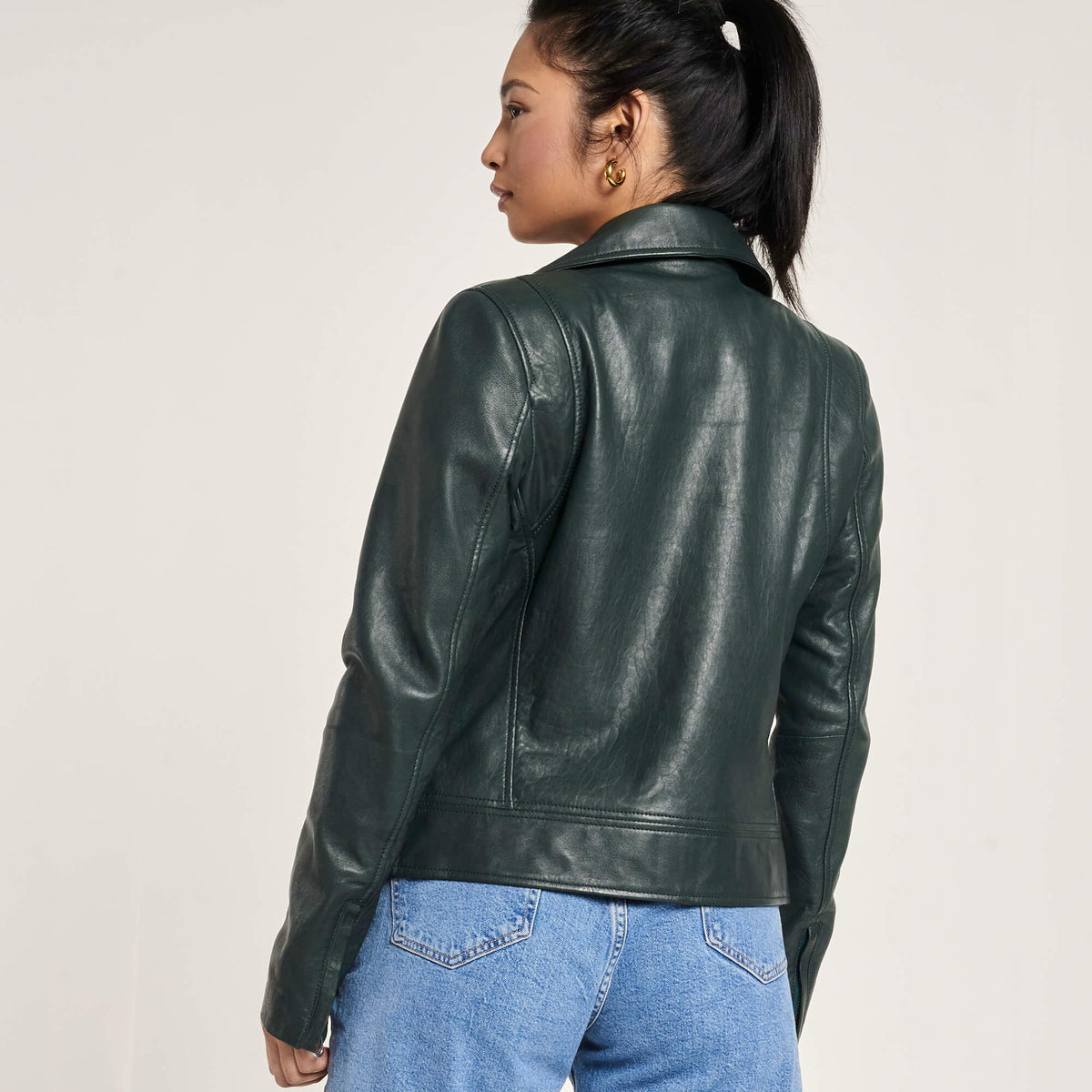 Glexo Women’s Racing Green Leather Biker Jacket